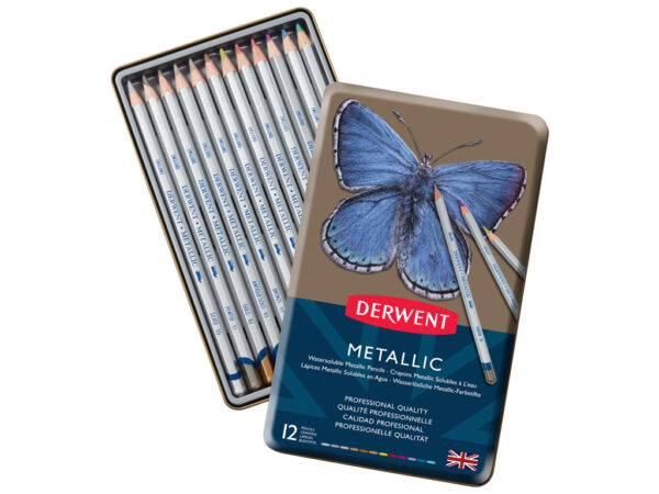 DERWENT - Scatola in metallo 12 Pastelli Metallic solubili in acqua