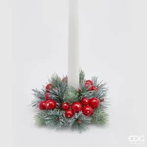 EDG - Corona girocandela pino innevato e bacche rosse d.15