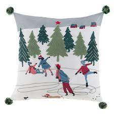 BLANC MARICLO' - Cuscino ricamato con sciatori e pompon 30x30