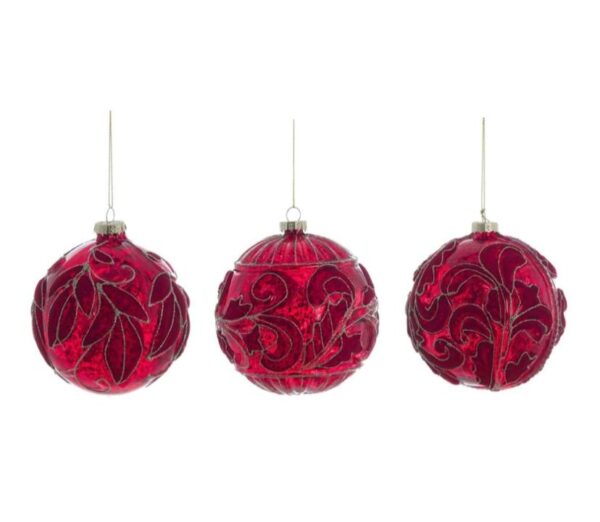 BLANC MARICLO' - Sfera vetro foglie floccate rosso diametro 10 cm