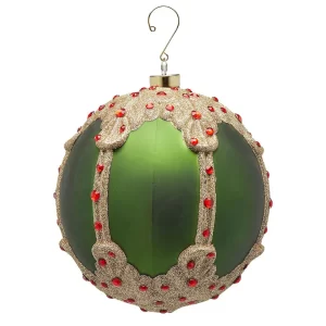 EDG - Pendente natalizio palla con rubini verde e oro in vetro opaco e glitterato 16,5cm