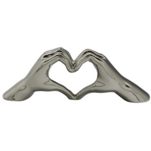 GILDE - Grande scultura in ceramica a forma di mano e di cuore, con finitura argento opaco